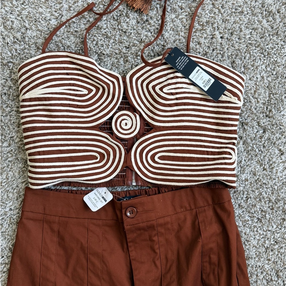 Women's High-Waist Wide Leg Pants Set- Brown - Picture 4 of 6